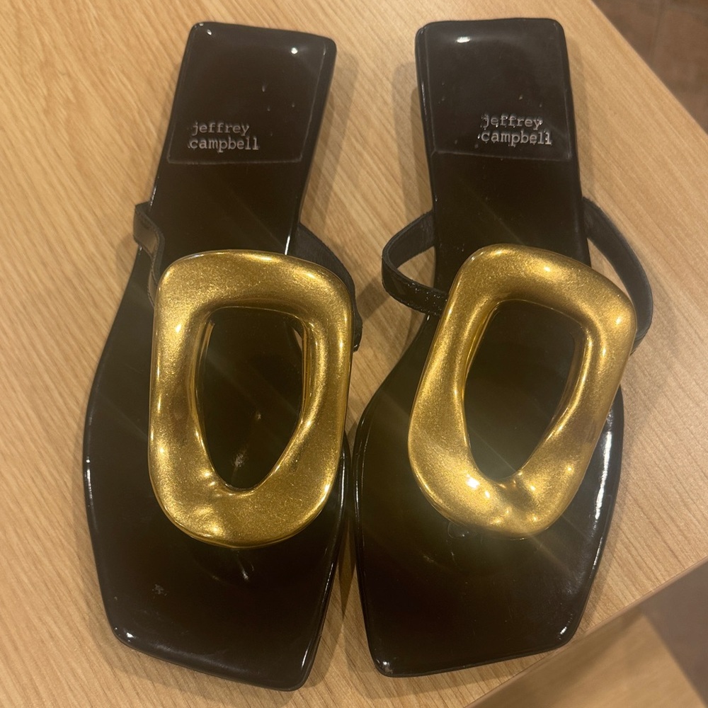 Jeffrey Campbell Black Classic patent leather Flop with Gold Accents